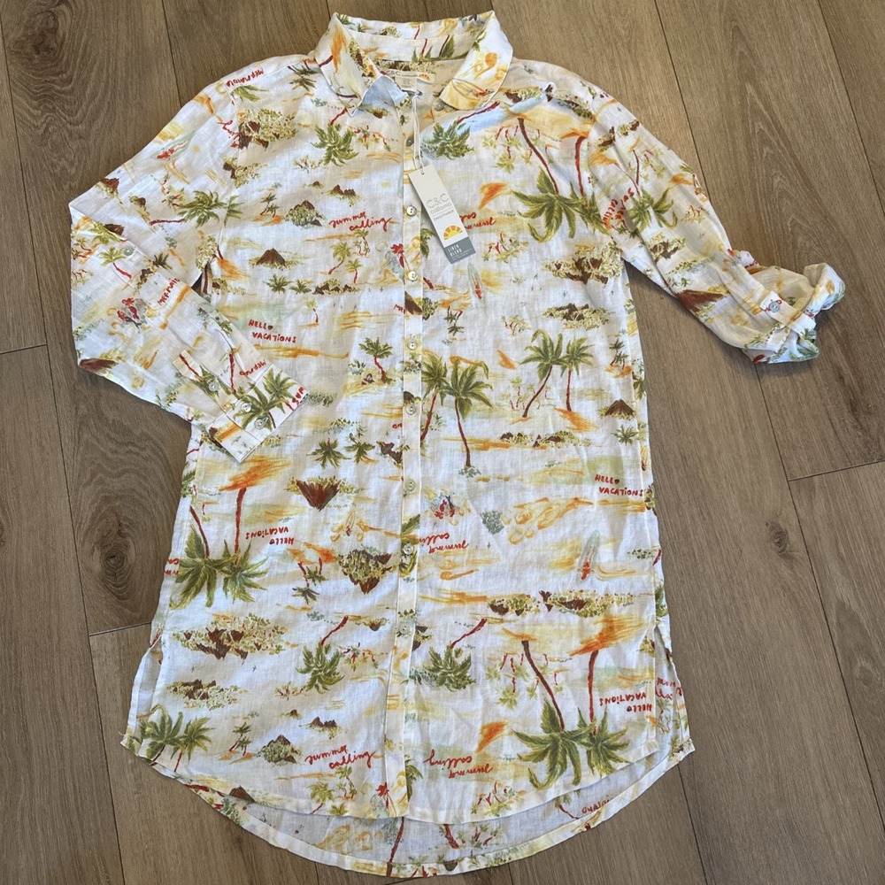 C & C California Women's Linen Blend‎ Tropical Button Front Shirt Dress Medium